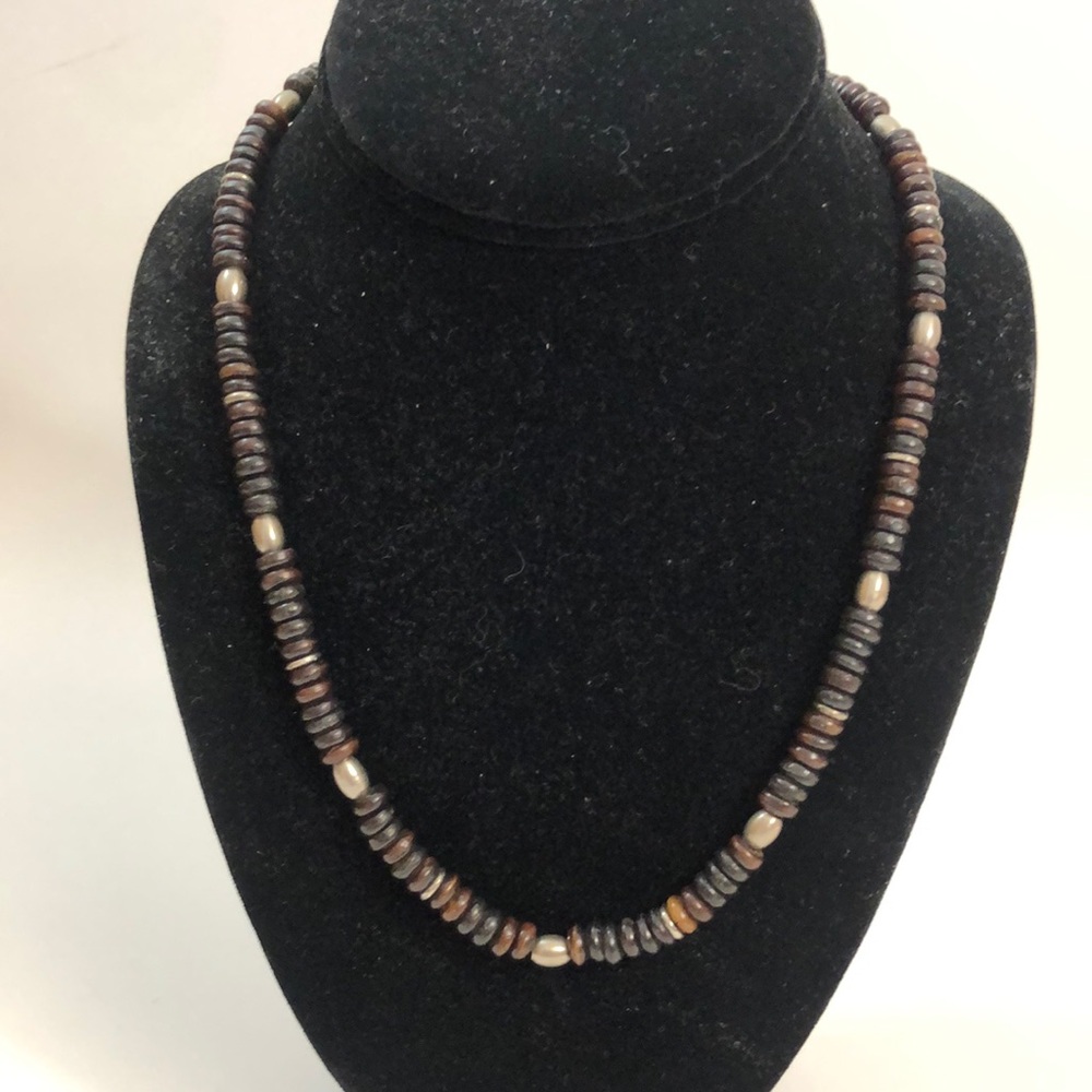 Vintage Wooden Brown Silver Beaded Necklace